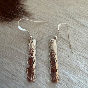 ❤️ Native American Felicia Etcitty Navajo Motif Bar Earrings Sterling 1.66”L